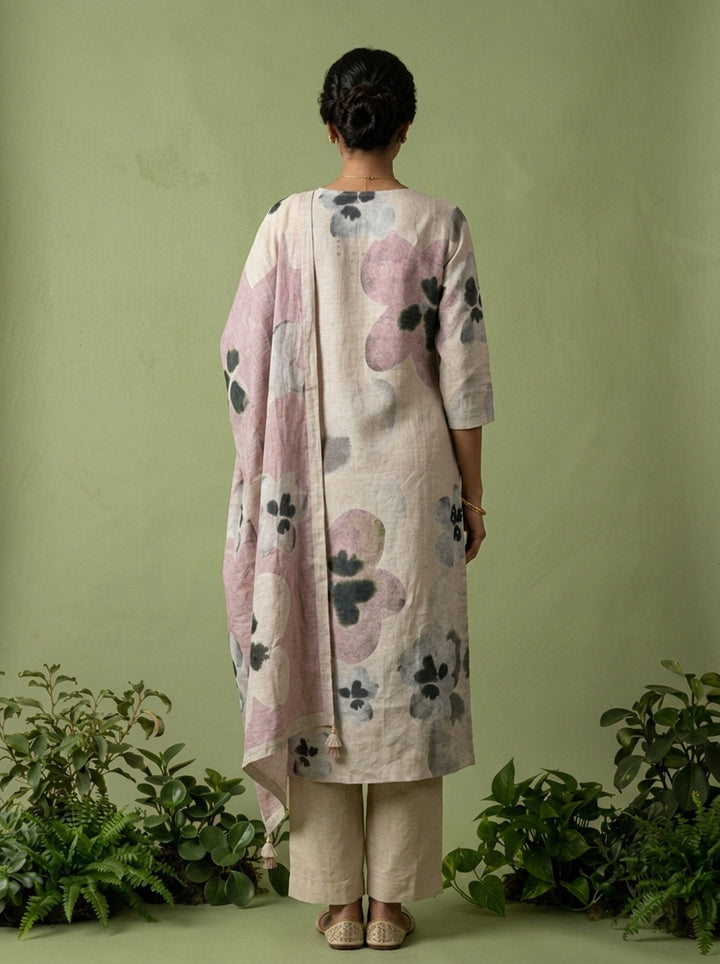 Off White Linen Floral Printed Three Piece Set