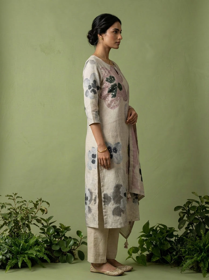 Off White Linen Floral Printed Three Piece Set