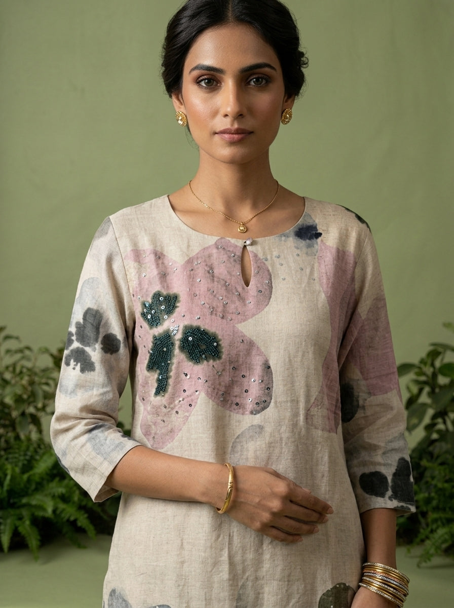 Off White Linen Floral Printed Three Piece Set