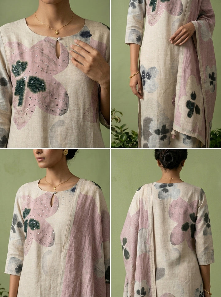 Off White Linen Floral Printed Three Piece Set