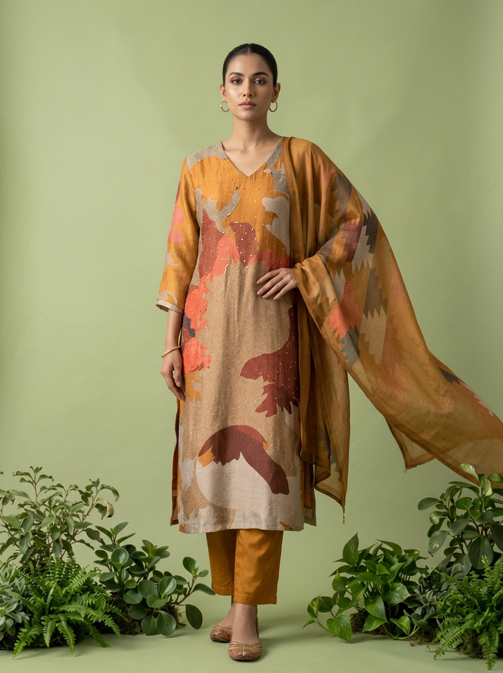 Gold And Beige Rayon Abstract Printed Three Piece Set