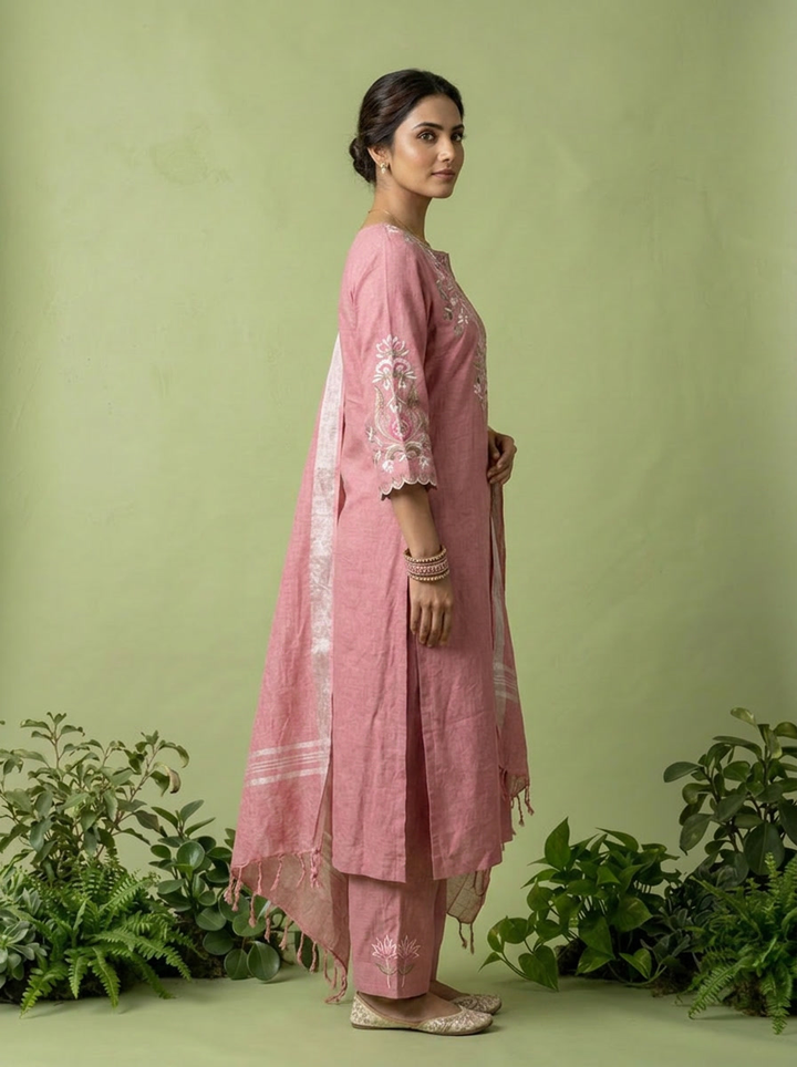 Onion Pink Linen Floral Thread Embroidery Three Piece Set