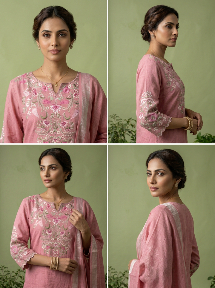 Onion Pink Linen Floral Thread Embroidery Three Piece Set