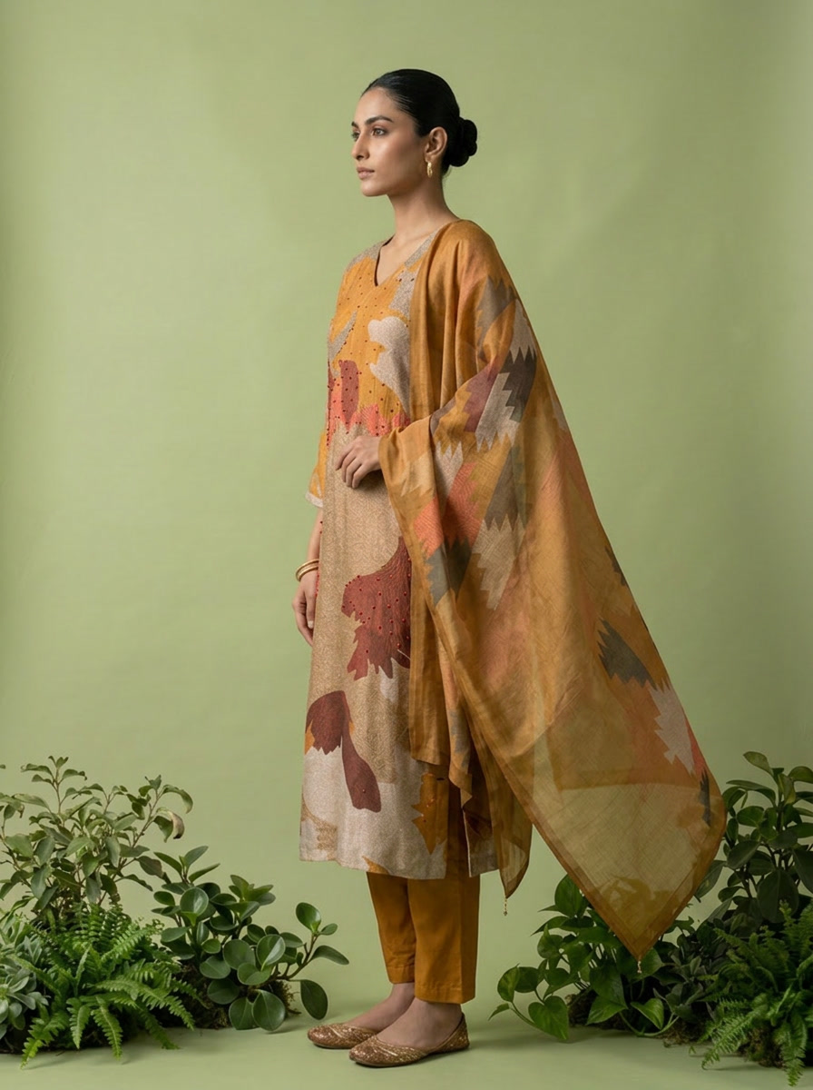Gold And Beige Rayon Abstract Printed Three Piece Set