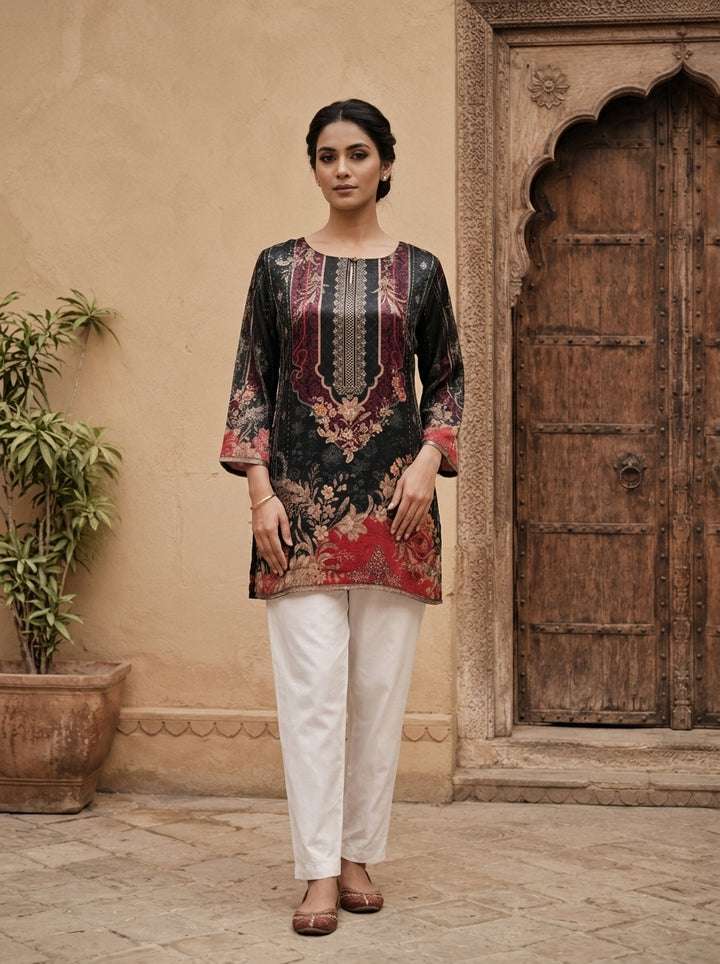 Black Crepe Heavy Floral Printed Kurti