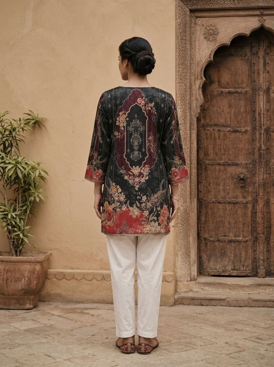 Black Crepe Heavy Floral Printed Kurti