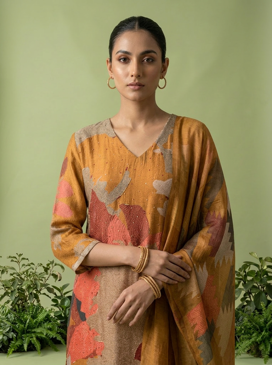 Gold And Beige Rayon Abstract Printed Three Piece Set