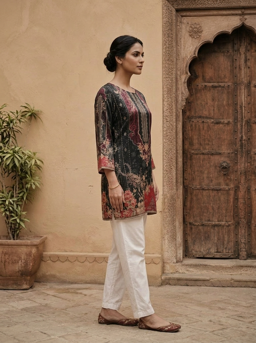 Black Crepe Heavy Floral Printed Kurti