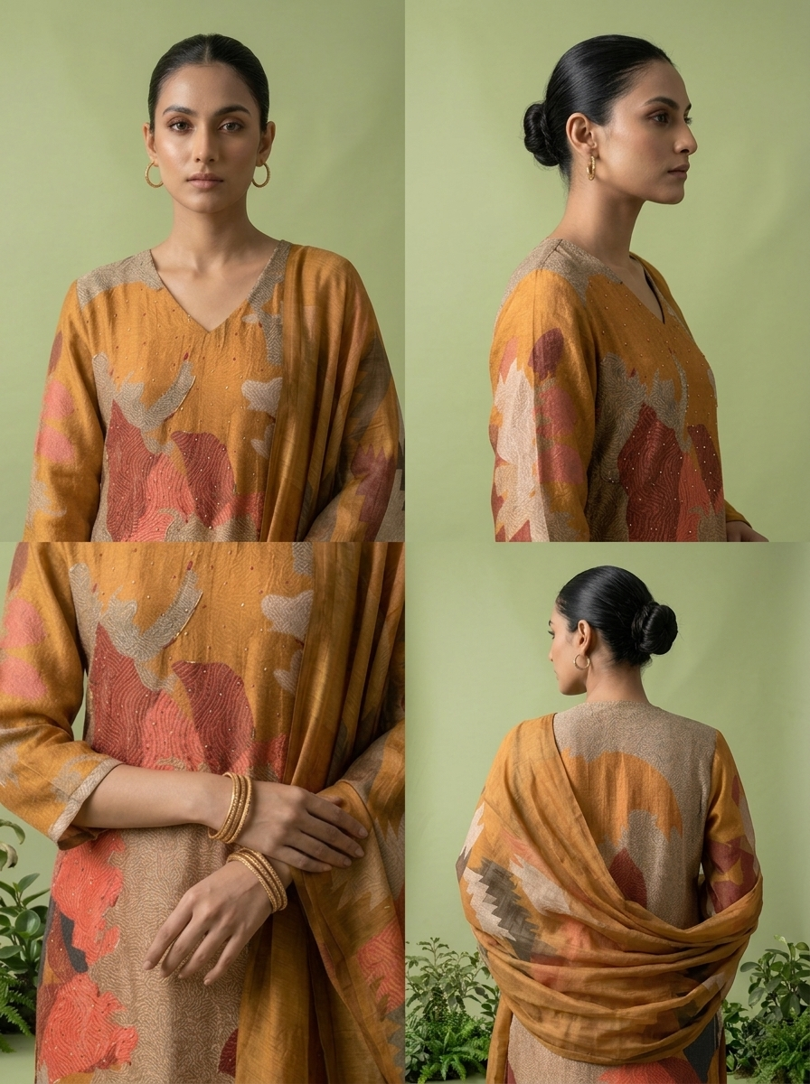 Gold And Beige Rayon Abstract Printed Three Piece Set