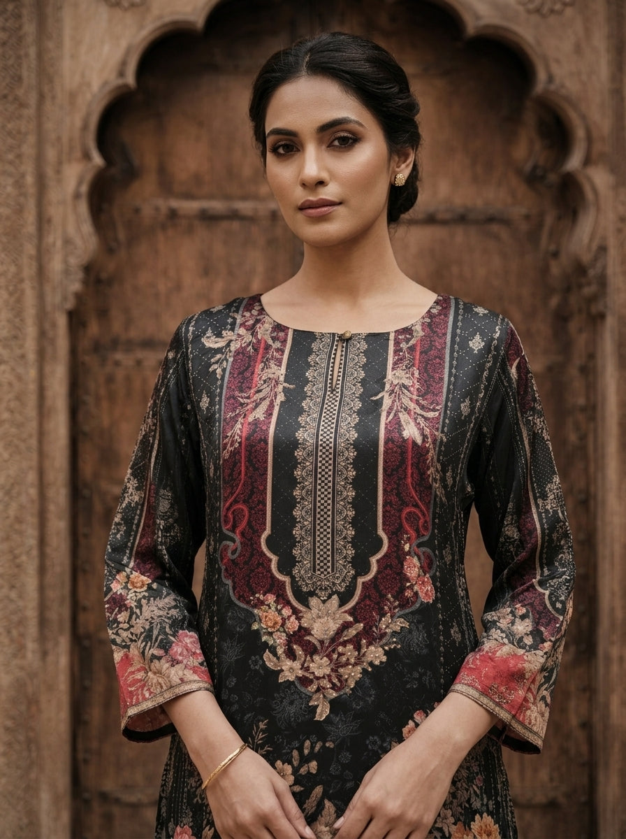 Black Crepe Heavy Floral Printed Kurti