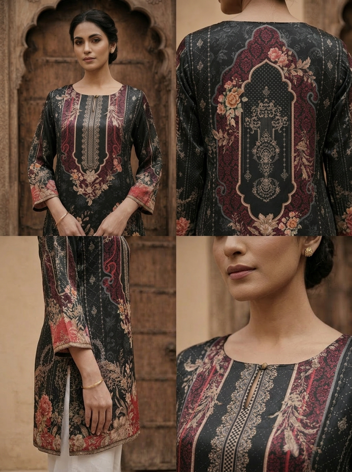 Black Crepe Heavy Floral Printed Kurti