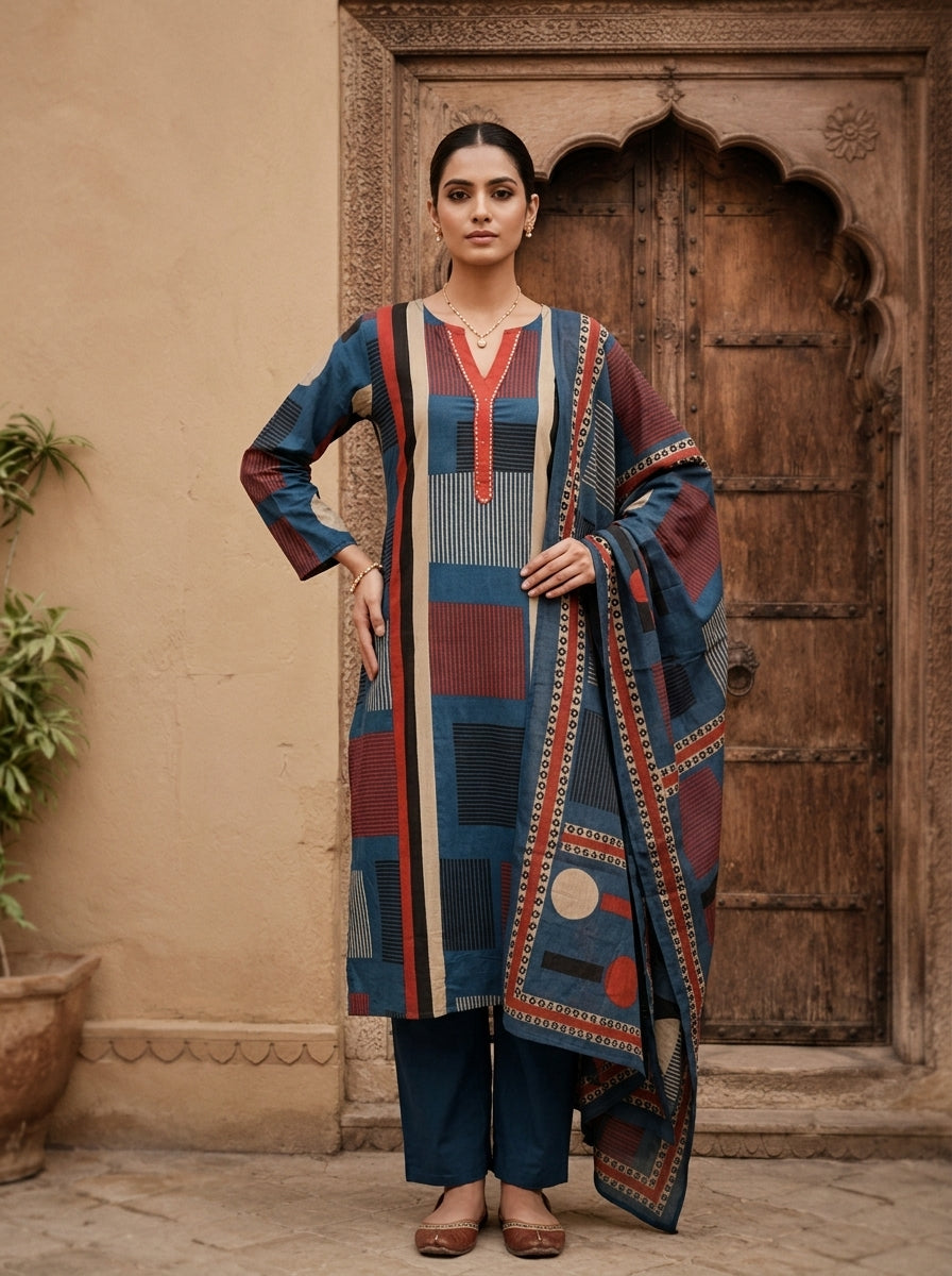 Blue Cotton Ajrakh Printed Three Piece Set