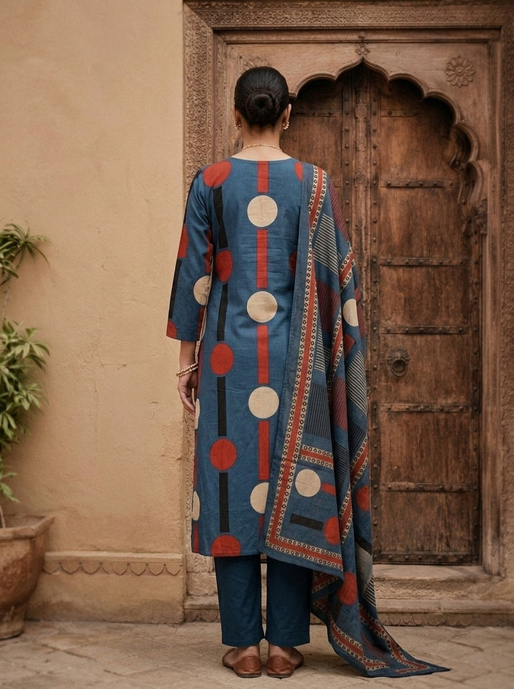 Blue Cotton Ajrakh Printed Three Piece Set