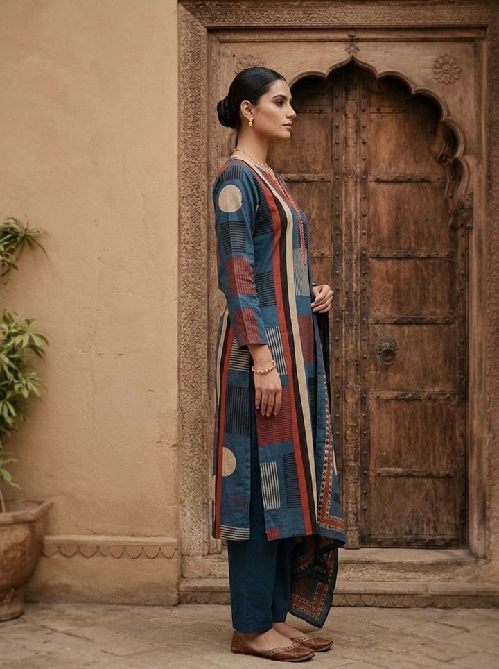 Blue Cotton Ajrakh Printed Three Piece Set