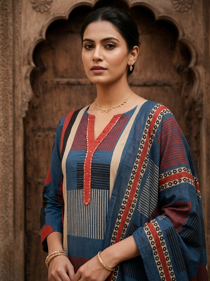 Blue Cotton Ajrakh Printed Three Piece Set