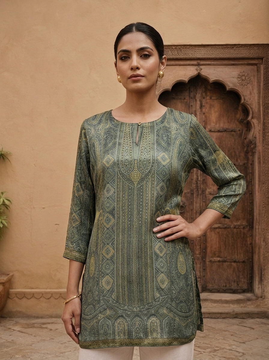 Olive Crepe Paisley Printed Kurti