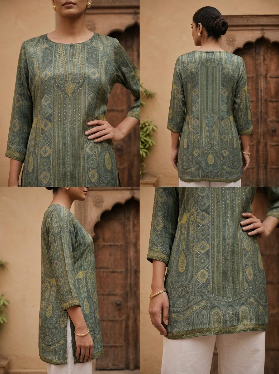 Olive Crepe Paisley Printed Kurti