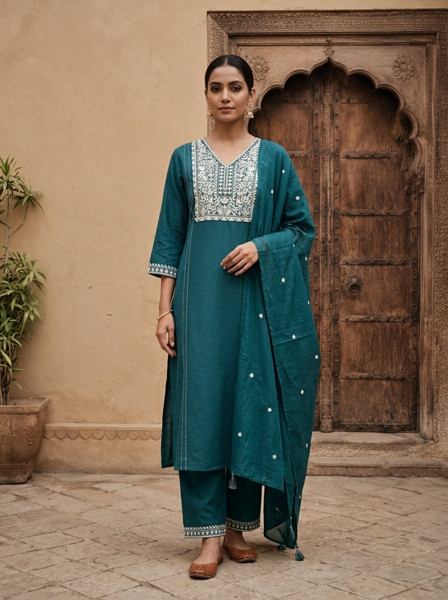 Rama Cotton Paisley And Floral Thread Embroidered Three Piece Set