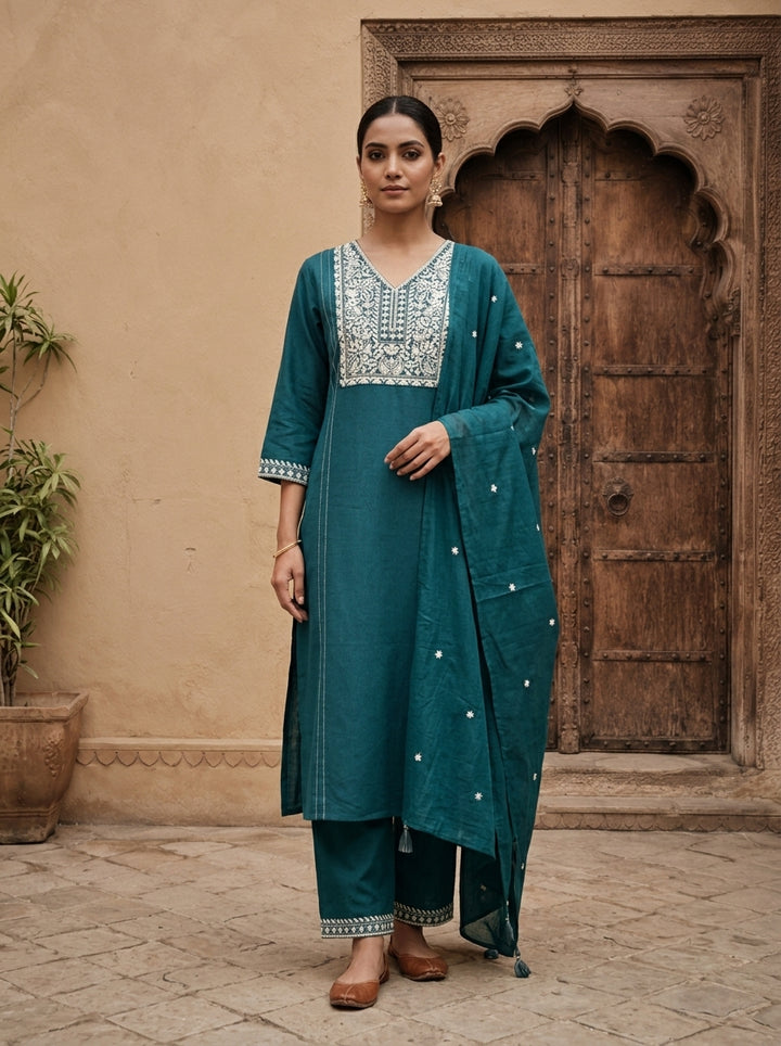 Rama Cotton Paisley And Floral Thread Embroidered Three Piece Set
