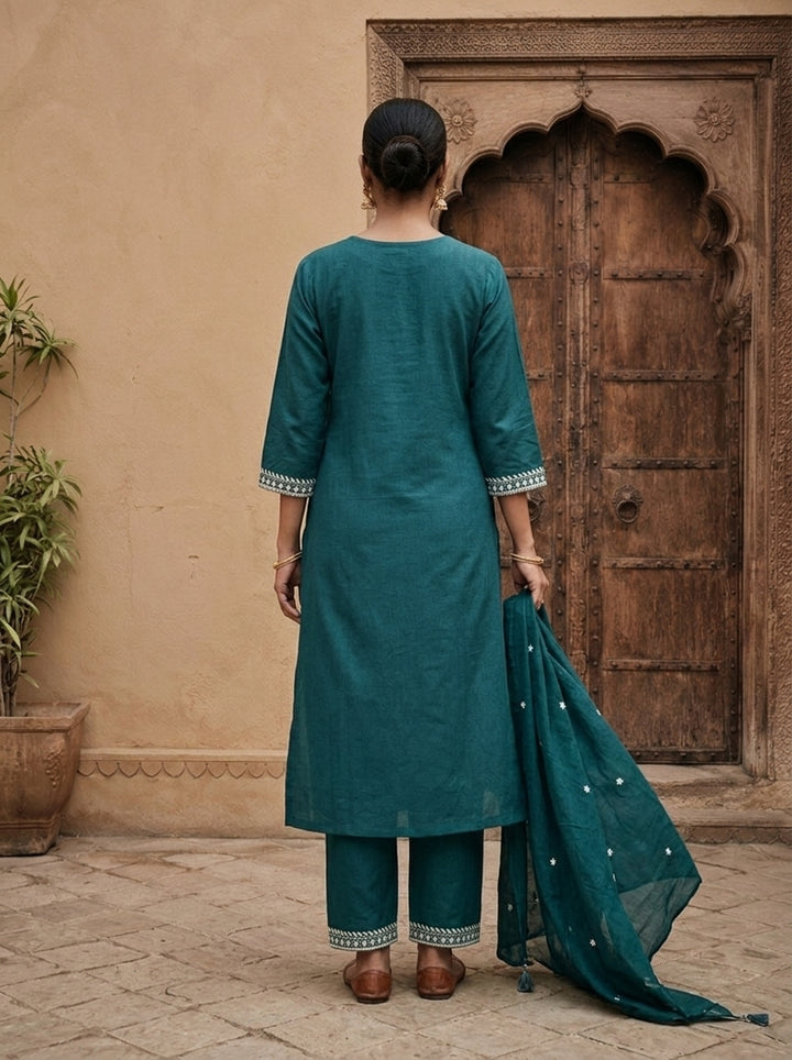 Rama Cotton Paisley And Floral Thread Embroidered Three Piece Set