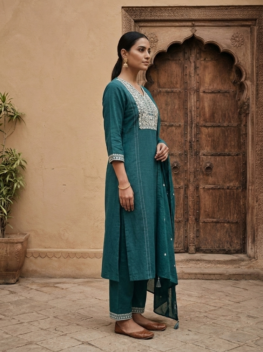 Rama Cotton Paisley And Floral Thread Embroidered Three Piece Set