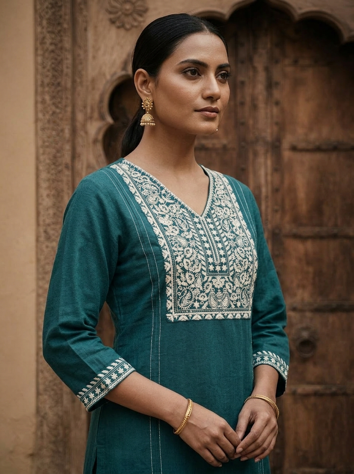 Rama Cotton Paisley And Floral Thread Embroidered Three Piece Set
