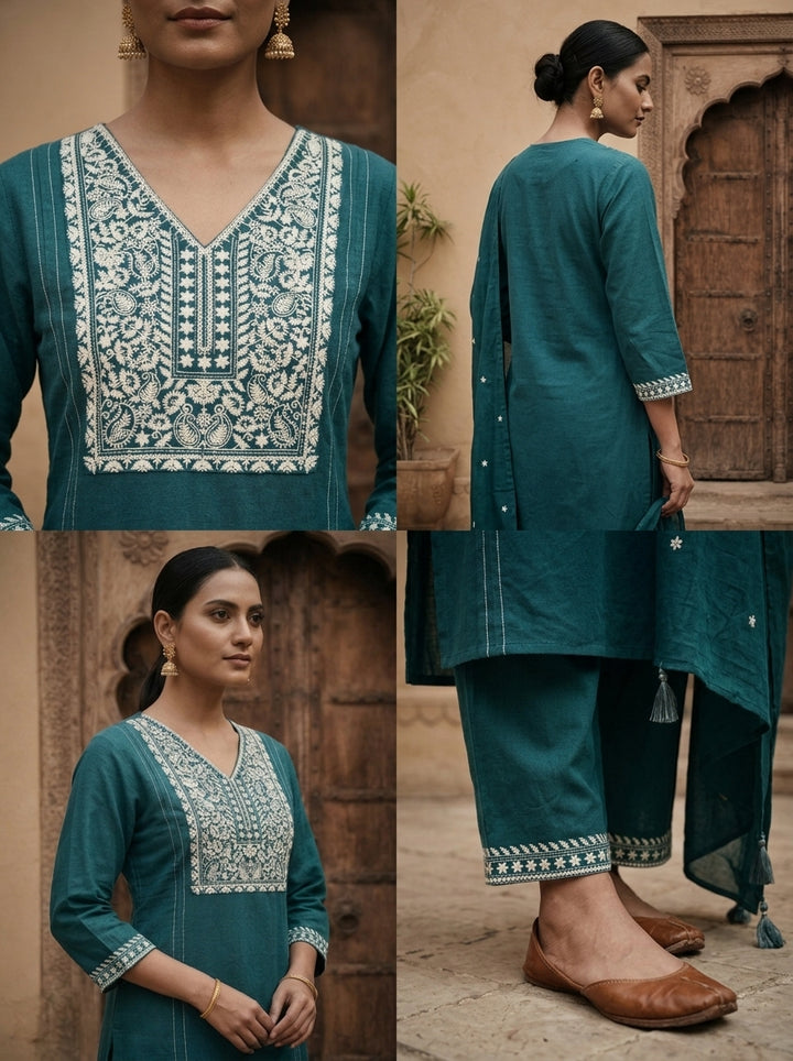 Rama Cotton Paisley And Floral Thread Embroidered Three Piece Set