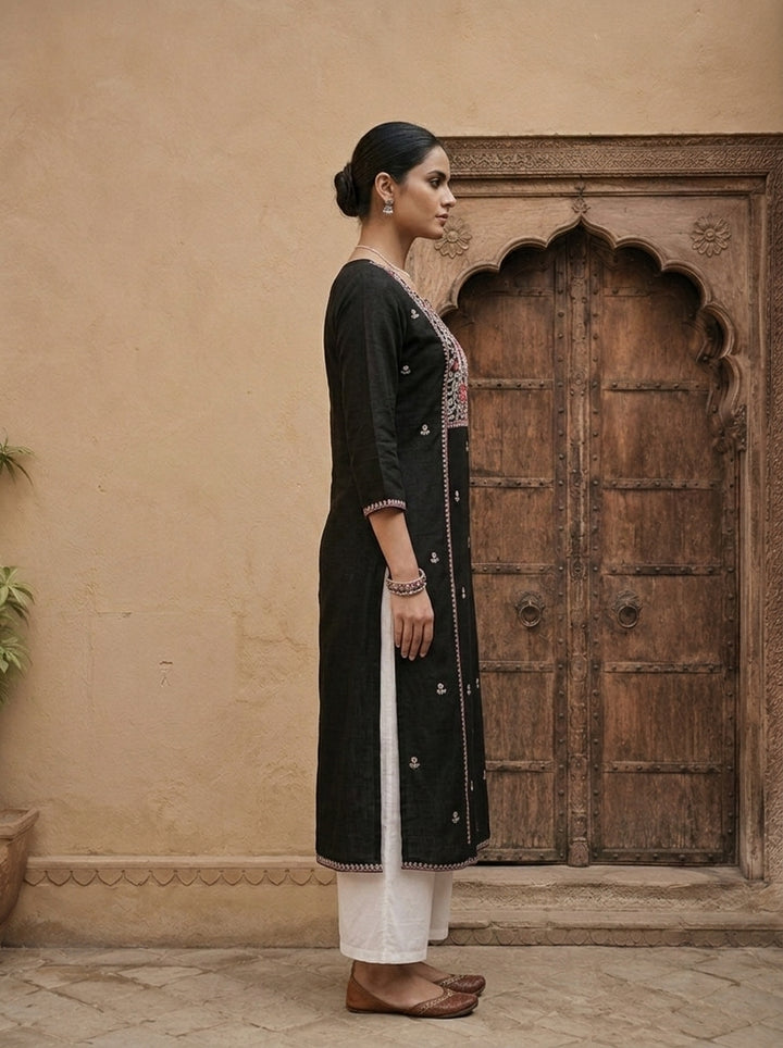 Black Rayon Heavy Floral Thread Embroidery Kurta