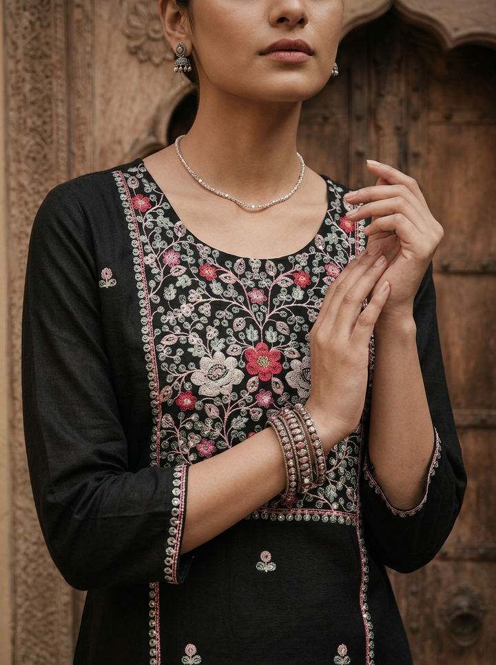 Black Rayon Heavy Floral Thread Embroidery Kurta