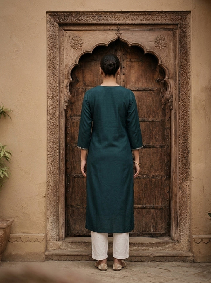 Teal Blue Rayon Heavy Floral Thread Embroidery Kurta