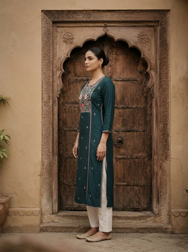 Teal Blue Rayon Heavy Floral Thread Embroidery Kurta