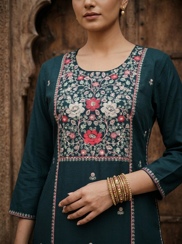 Teal Blue Rayon Heavy Floral Thread Embroidery Kurta