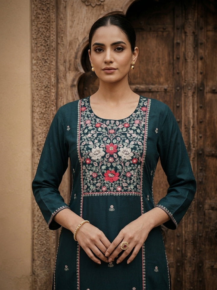 Teal Blue Rayon Heavy Floral Thread Embroidery Kurta
