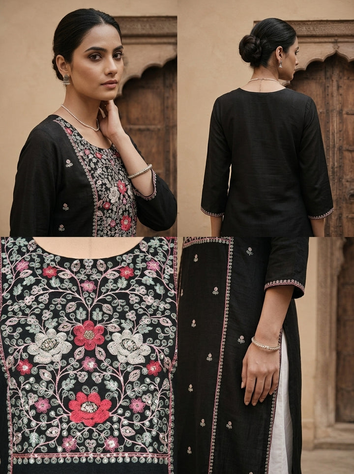 Black Rayon Heavy Floral Thread Embroidery Kurta