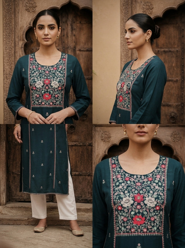 Teal Blue Rayon Heavy Floral Thread Embroidery Kurta