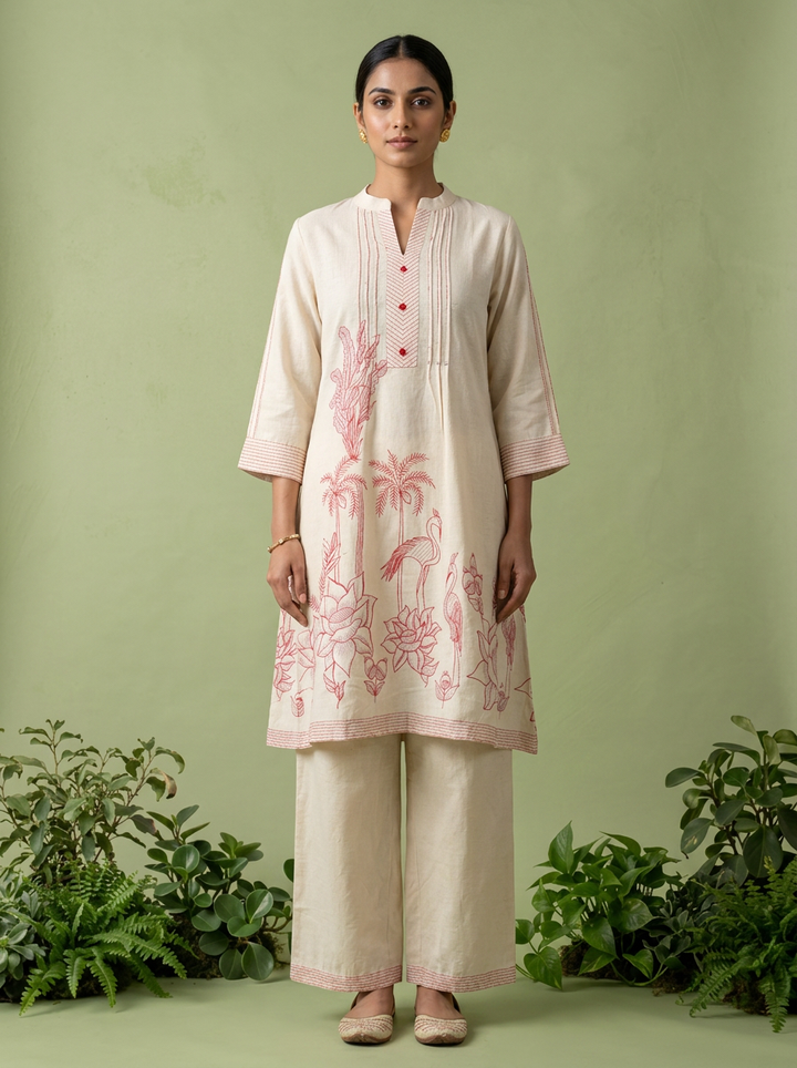 Cream Cotton Printed Two Piece Set