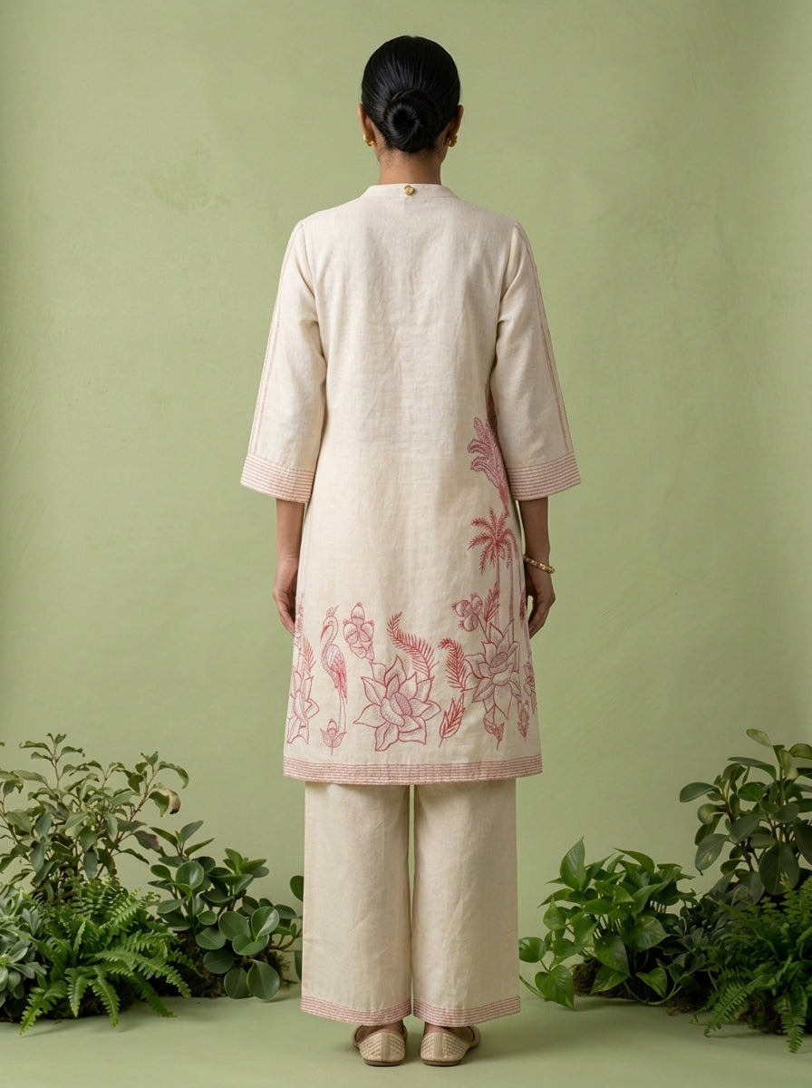 Cream Cotton Printed Two Piece Set