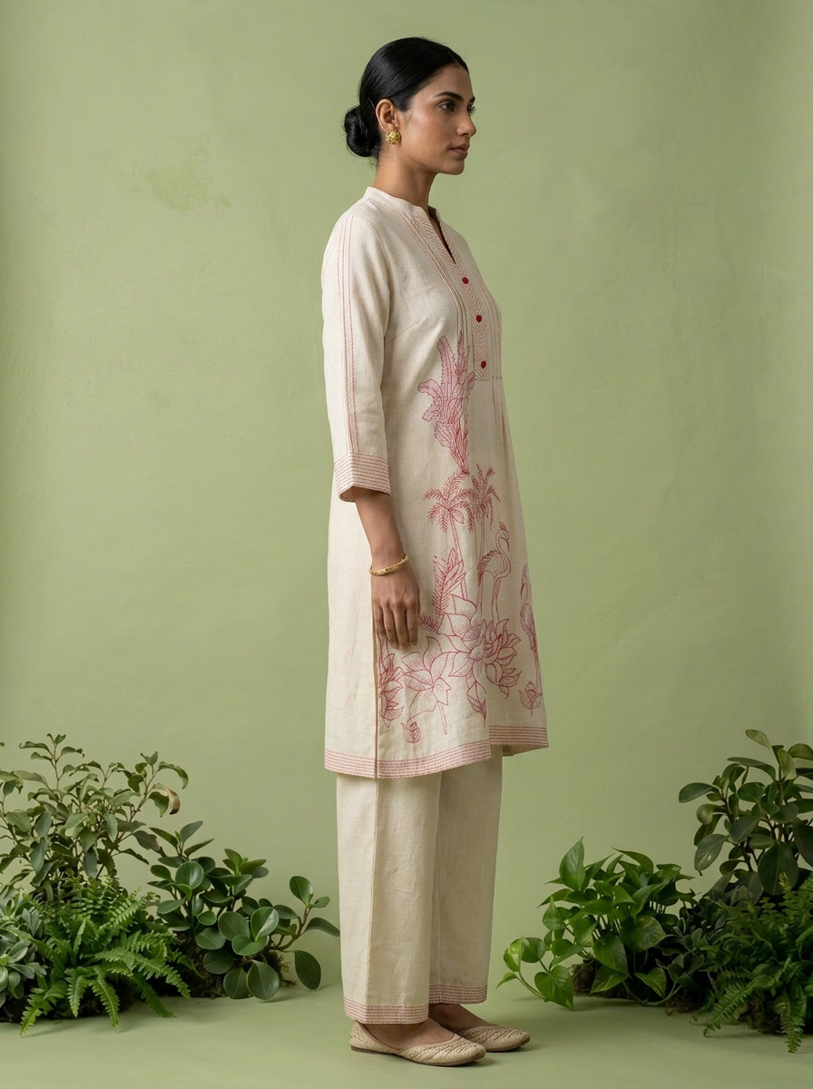 Cream Cotton Printed Two Piece Set