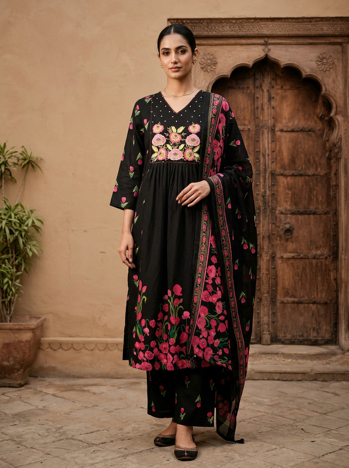Black Cotton Floral Embroidered Three Piece Set