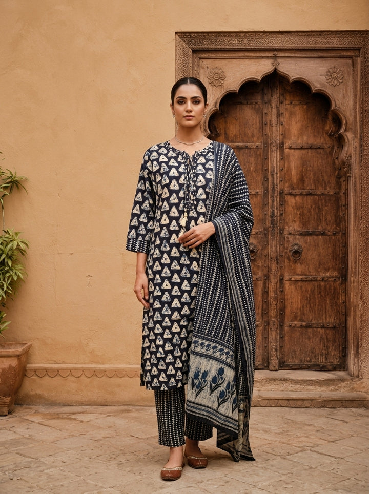 Navy Blue Cotton Printed Abstract Motifs Three Piece Set