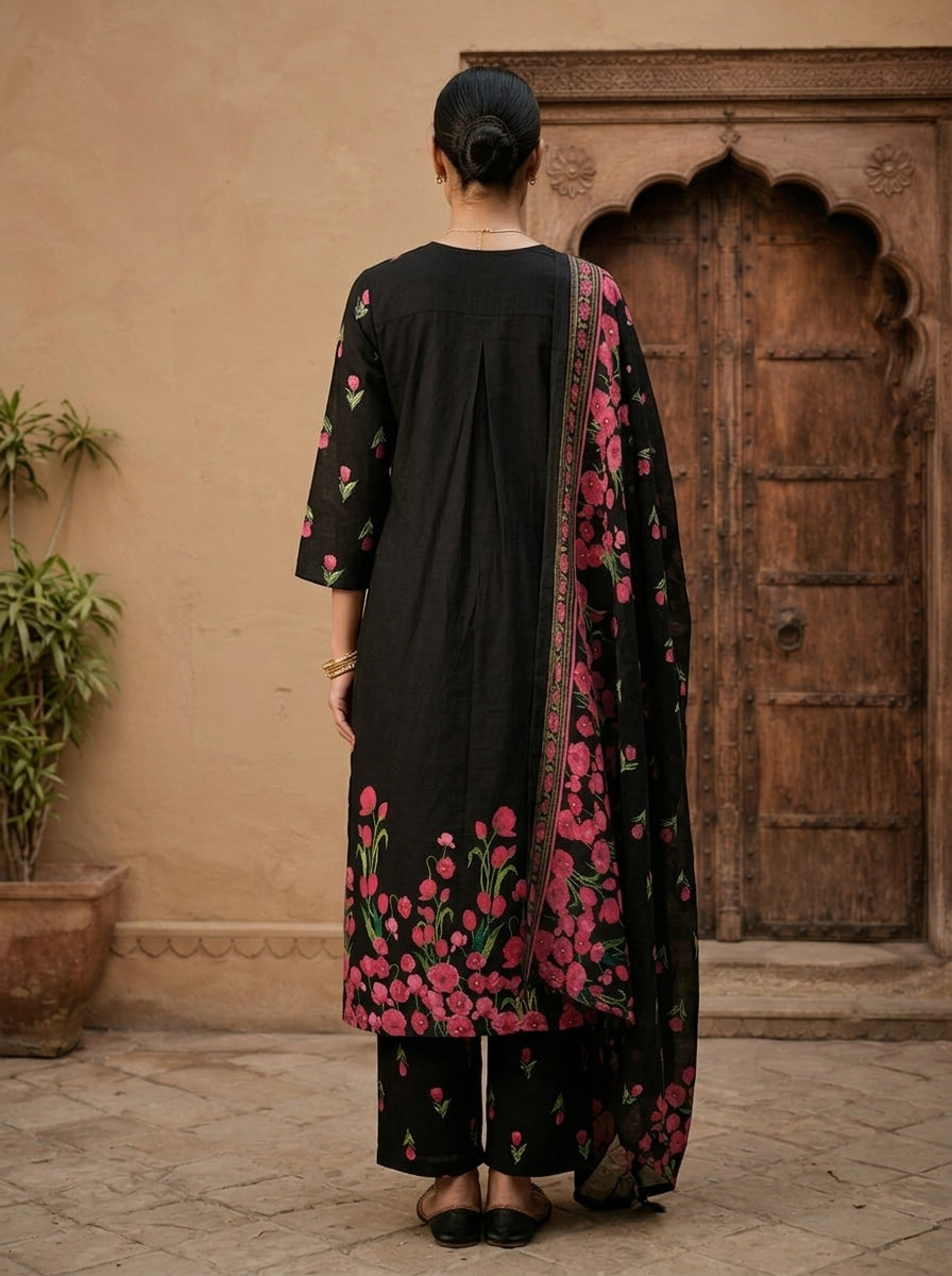 Black Cotton Floral Embroidered Three Piece Set