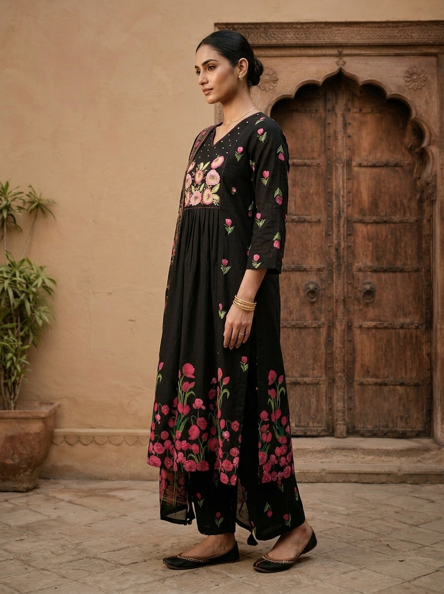Black Cotton Floral Embroidered Three Piece Set