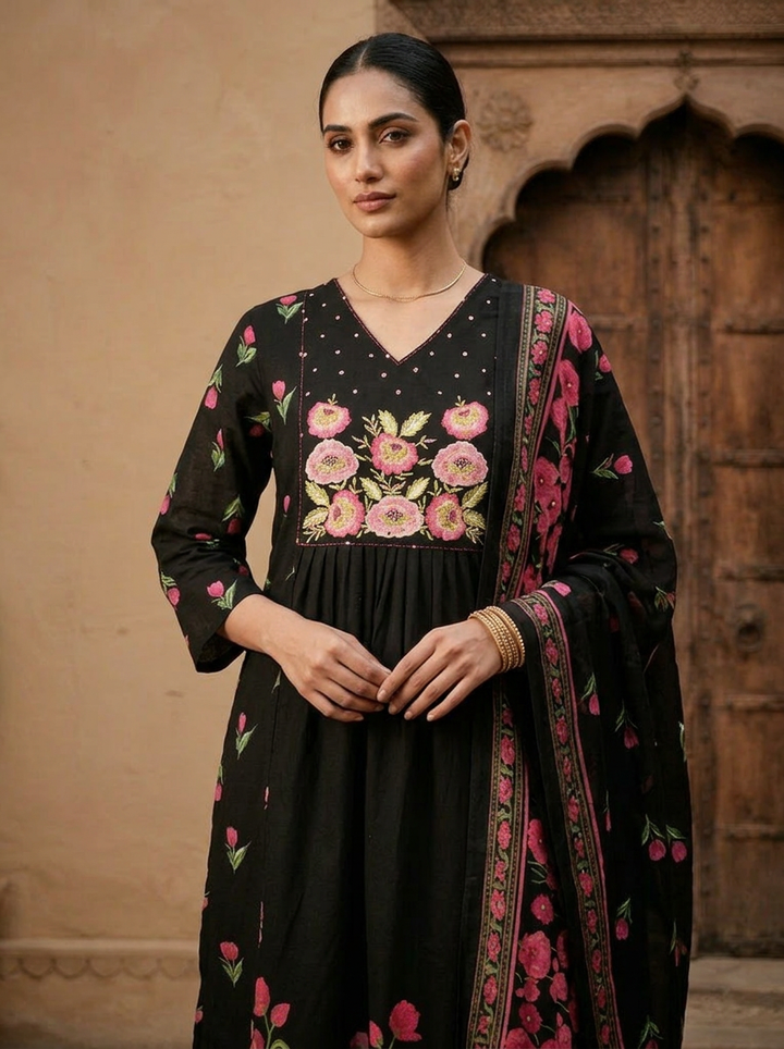 Black Cotton Floral Embroidered Three Piece Set