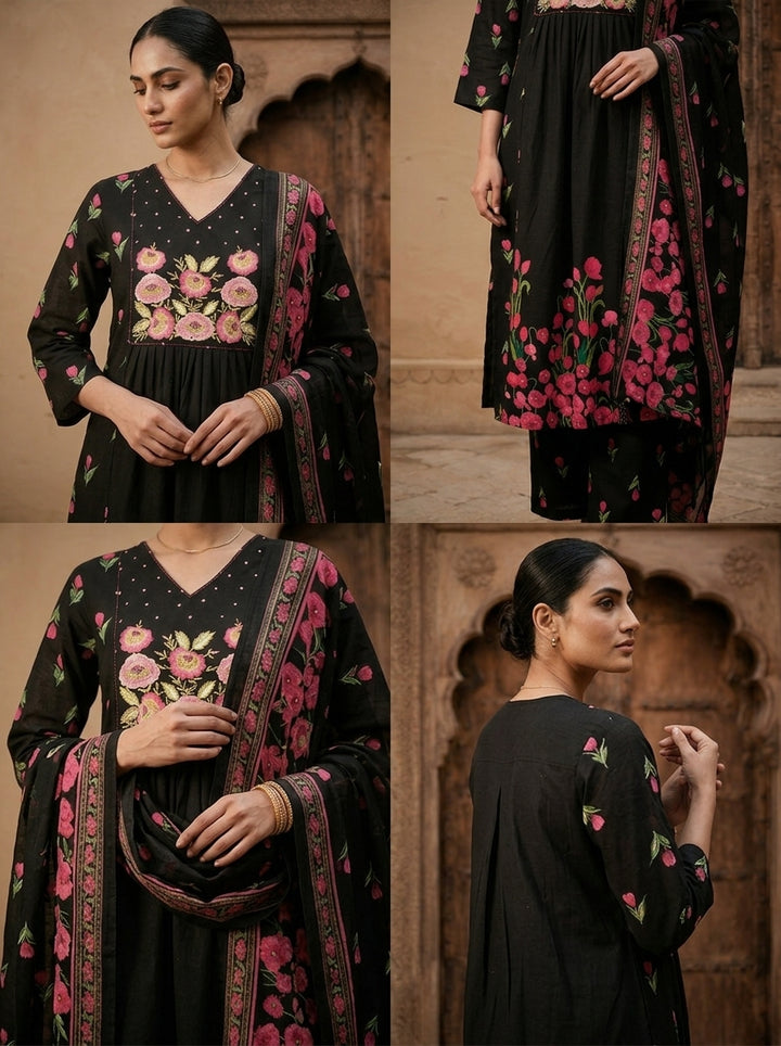 Black Cotton Floral Embroidered Three Piece Set