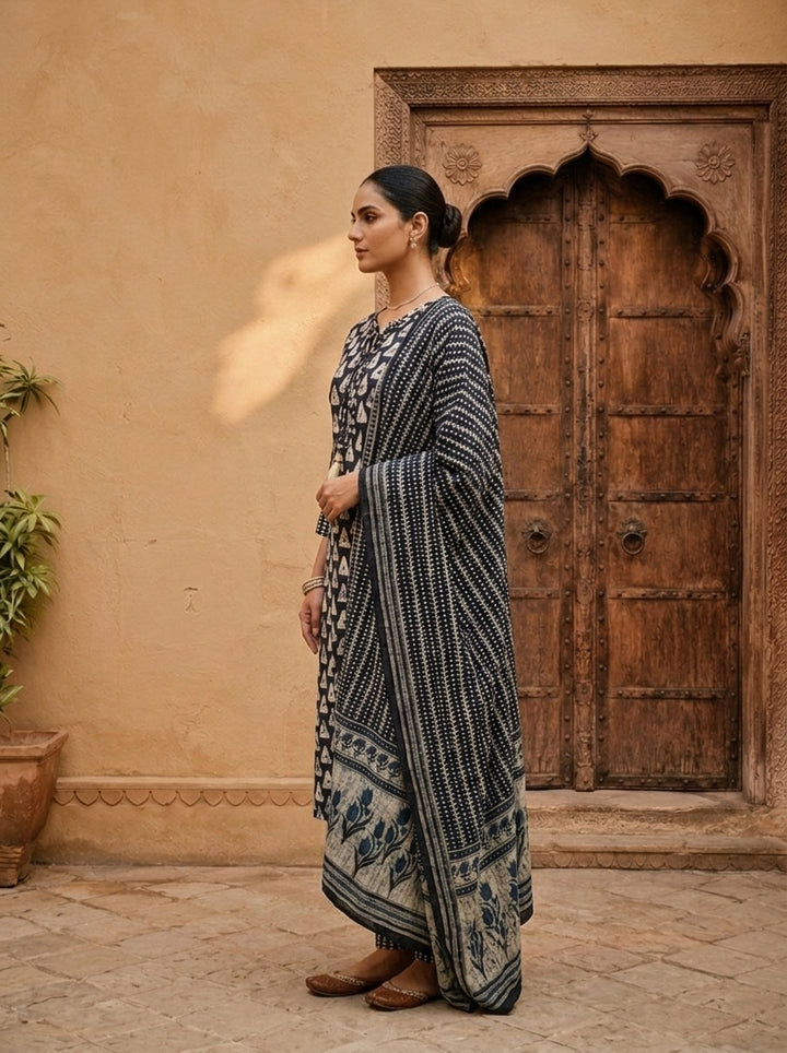 Navy Blue Cotton Printed Abstract Motifs Three Piece Set