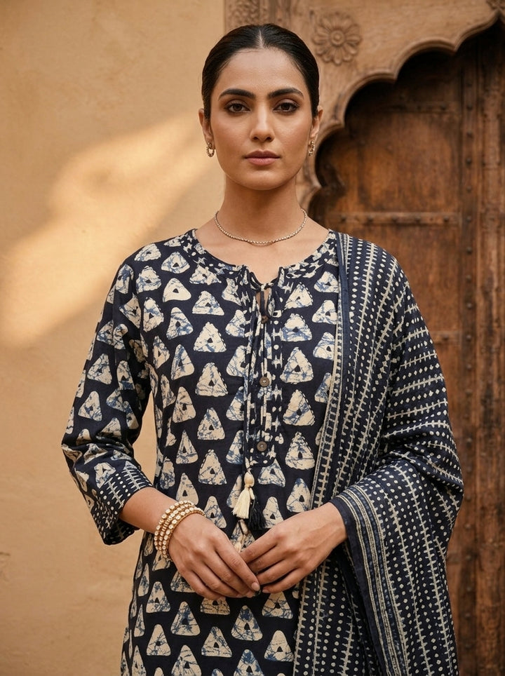 Navy Blue Cotton Printed Abstract Motifs Three Piece Set