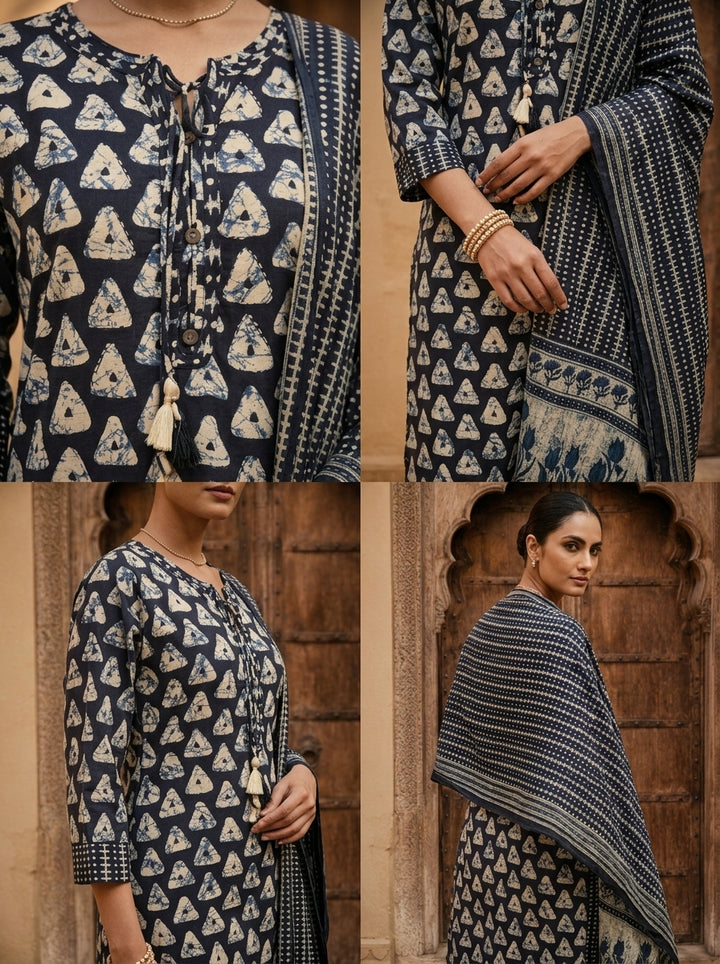 Navy Blue Cotton Printed Abstract Motifs Three Piece Set