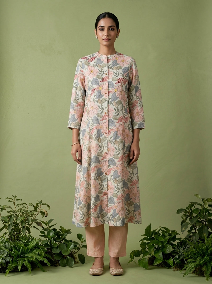 Mint Linen Floral Printed Two Piece Set