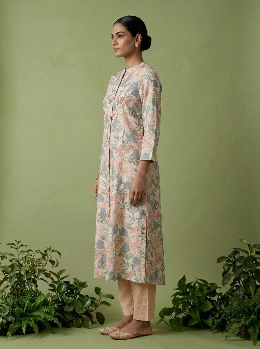 Mint Linen Floral Printed Two Piece Set