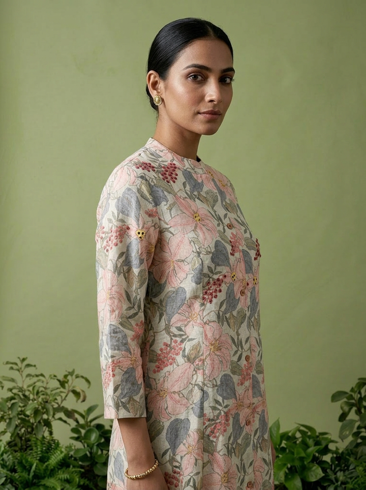 Mint Linen Floral Printed Two Piece Set